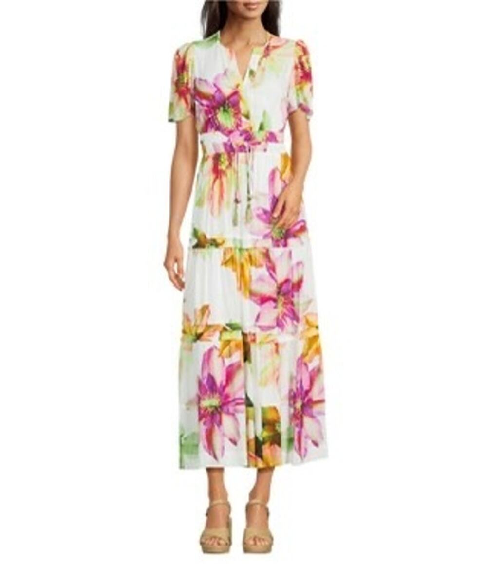 Alex Marie Maura Floral Short Sleeve A Line Notch Collar Maxi Dress Size 2